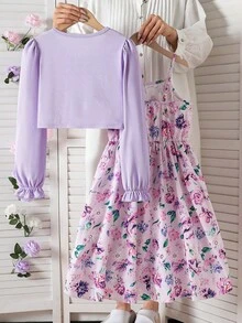 SHEIN Elladie kids 溫柔芋紫色女童兩件套，短款長袖開襟衫搭配花卉細肩帶洋裝，蝴蝶結前開襟與荷葉邊袖口設計，全紫色碎花，柔軟面料，法式鄉村風，適合嬰兒與幼兒日常穿著、野餐、拍照 - 紫色 - 查看 2