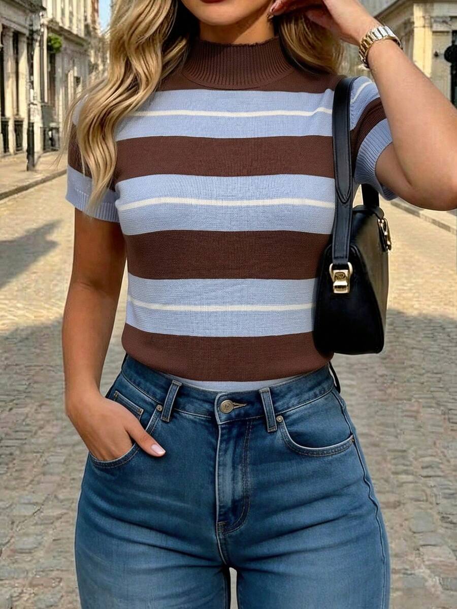 SHEIN Franclia Half-High Neck Fitted Pullover Short Sleeve Striped Knit Top - Coffee Brown - View 1