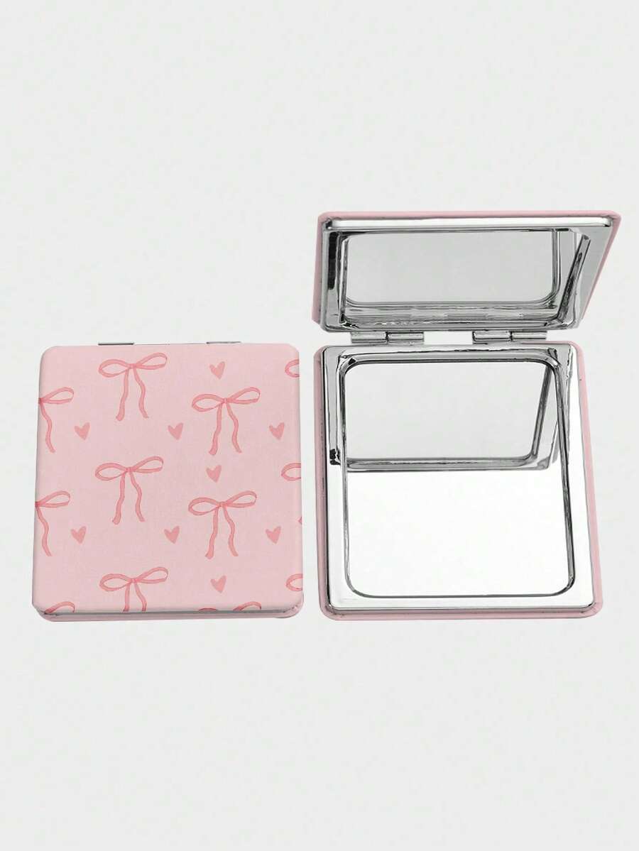 ROMWE 1 pieza Espejo de maquillaje cuadrado con patrón de lazo rosa & corazón, espejo de mano portátil, adecuado para niñas (posición del patrón aleatoria) - Multicolor - Ver 1