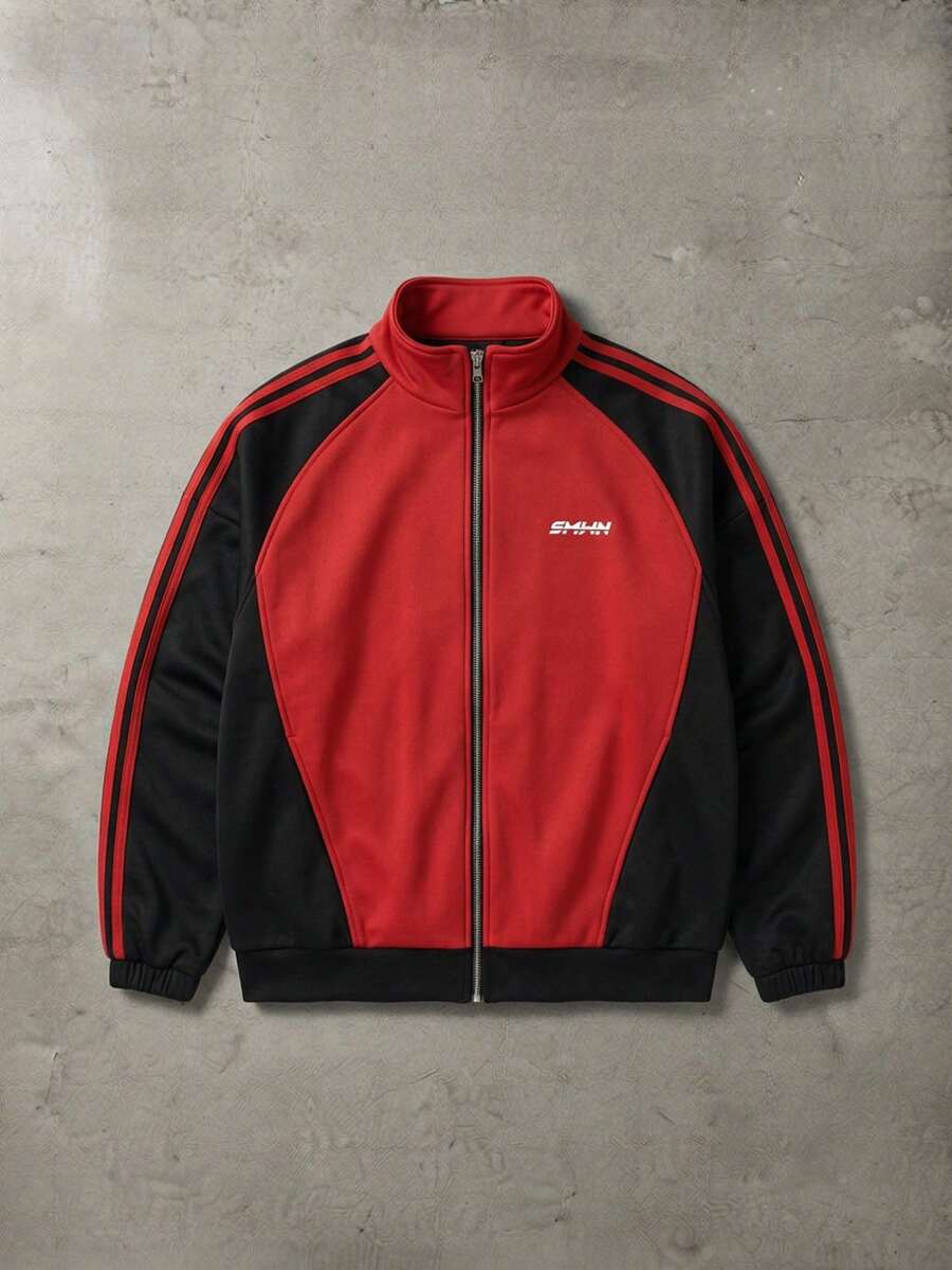 SUMWON Color Block Full Zip Track Jacket With Mandarin Collar Contrast Stripe Sleeves And Elastic Hem - Multicolor - View 1