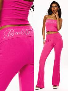 SHEIN BAE Women's Letter Rhinestone Flare Pants Night Out Night Party Night Party Date Night Going Out Pink Check Autumn Y2k 90s - Hot Pink - View 1