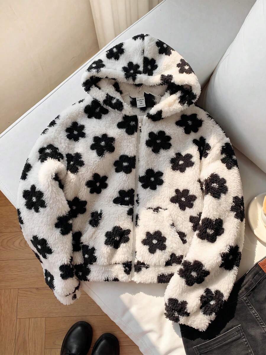 SHEIN 青少年女孩休閒白色底黑印花刷毛連帽外套,秋冬外套,返校季,學院風 - 黑與白 - 查看 1