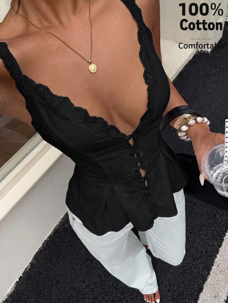 Aloruh 女款優雅休閒通勤上衣 蕾絲飾邊拼接純色無袖襯衫 夏季 - 黑色 - 查看 1