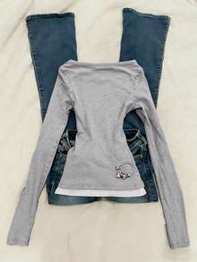 IslaSuriya 1 buah Kaos Wanita Lengan Panjang Slim Fit 2 in 1 - Grey - View 2