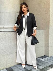Easura Plus Size Elegant Long Sleeve Button-Front Contrast Color Commuter Women's Shirt - Black and White - View 4