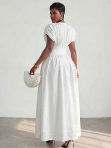 BamGlimmer Women's Solid Color Round Neck Pleated Batwing Sleeve Elegant Dress Wedding Dinner Formal White Summer - White - View 3