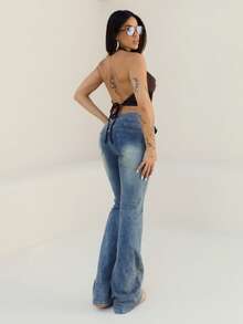 Maju Mazalli Celana Jeans Flare Washed Berpinggang Rendah yang Modis untuk Musim Gugur Kasual - Dark Wash - View 3