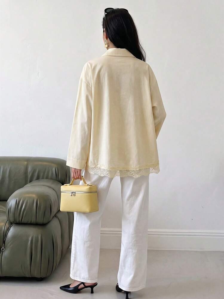 Solavon 女款素色落肩長袖單排扣休閒端莊優雅襯衫 適合辦公室與早午餐 淡黃色 秋季 - 黃色 - 查看 4