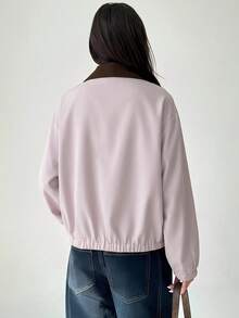 Aloruh Women's Fashion Single-Breasted Long Sleeve Pocket Jacket Streetwear - Pink - View 2