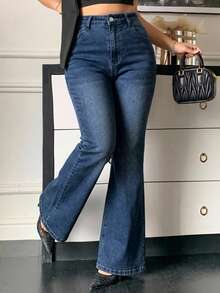 Dazy Plus Plus Size Washed Blue Distressed Stretch Slim Fit Button Flare Jeans - Medium Wash - View 5