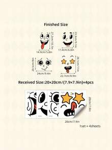 4 Sheets Self Adhesive Removable Glossy Cartoon Face Stickers For Plastic Surface Wall Fridge Trash Can Toilet Bathroom Home Decor Fun Theme Decorative Cover Imperfections Hide Scratches - Black - View 2