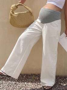 DAZY New Loose Casual Straight Leg White Denim Patchwork Adjustable Belly Support Long Maternity Jeans, All Season Fall - White - View 5