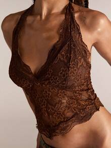 ACID BLVD Spring/Summer Country Valentine's Day Women's Fashionable Sexy Lace Halter V-Neck Camisole - Brown - View 3