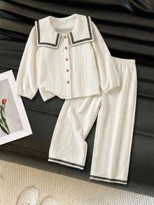 SHEIN 女童休閒可愛寬鬆T恤套裝，秋冬開學穿搭，適合戶外運動與日常舒適穿著，套裝搭配 - 杏色 - 查看 10