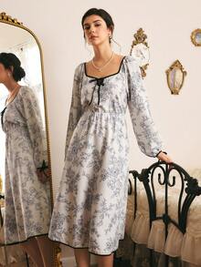 Côtesoire Women's French Elegant Floral Line Long Sleeve A-Line Nightgown - Black and White - View 5