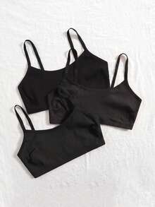 SHEIN Conjunto de 3 piezas de sujetador sin aros de color liso casual acanalado para mujer - Negro - Ver 5
