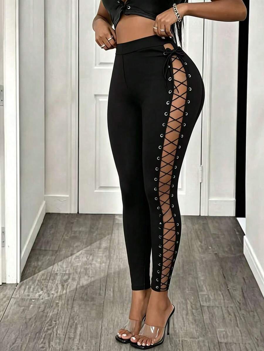 BamGleam YK2 Sexy Girls' Fashion Women's Long Pants With Side Tie-Downs And Hollow Design, Suitable For Music Fest Halloween Party Night Black Autumn