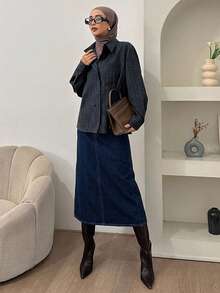 DAZY Autumn/Winter Straight Mid-Length Dark Blue Washed Commuter Style Women's Denim Skirt - Blue - View 3