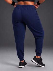 Powerista Women's Plus Size Summer And Spring Mid-Rise Navy Outdoor Jogger Pants With Drawstring Waist And Side Pockets Casual And Comfortable Outdoor Wear - Navy Blue - View 5