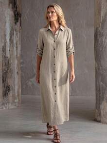 Faunlyn Women's Mid-Length Single-Breasted Short Sleeve Shirt Dress - Khaki - View 10