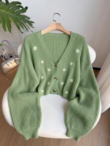 Solflare Plus Size Women's Autumn/Winter Embroidered Single-Breasted Long Sleeve Knit Cardigan - Green - View 1