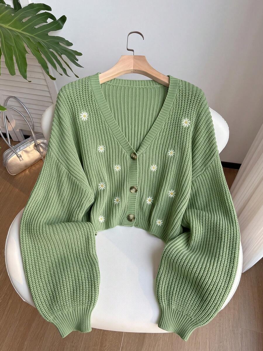 Solflare Plus Size Women's Autumn/Winter Embroidered Single-Breasted Long Sleeve Knit Cardigan - Green - View 1
