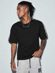 Men's Casual Side Stripe Loose T-Shirt, American Street Style Round Neck Short Sleeve, Versatile For Summer - Black - View 4