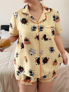 Napfluff CURVE Napfluff CURVE Halloween Themed Cartoon Print Bubble Crinkle Button-Up Short Sleeve Shorts Pajama Set Plus Size - Yellow - View 4