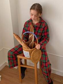 Dazy Kids Tween Girl Plaid Collared Single-Breasted Long Sleeve Top And Pants Loungewear Fall - Red - View 3