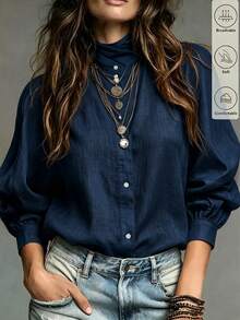 SHEIN Women's Solid Color Single-Breasted Casual Versatile Daily Wear Shirt - Navy Blue - View 7