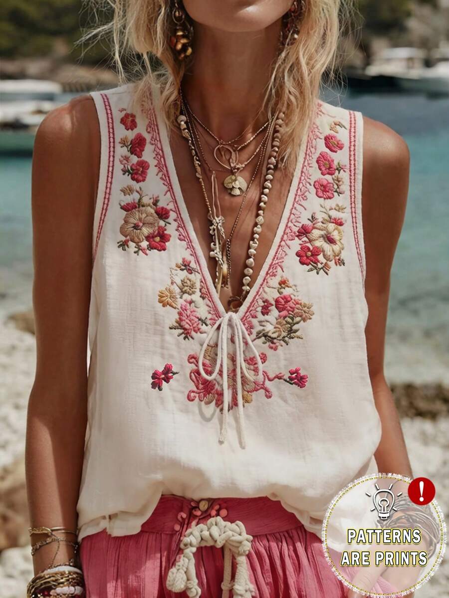 EMERY ROSE Tank Top Kasual Wanita Motif Bunga dengan Model Lipatan di Bagian Depan untuk Liburan - MultiWarna - View 1