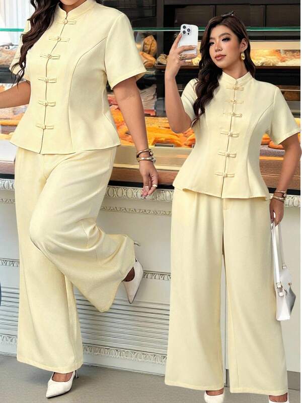 Vionelle Women's Plus Size Summer Stand Collar Chinese Frog Button Waist-Cinching Short Sleeve Blouse Wide Leg Pants 2 Pieces Set Elegant Brunch Butter Yellow