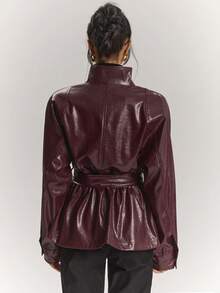 SHEIN BAE Jaket Trench Coat Wanita dengan Sabuk, Musim Gugur - Burgundy - View 2