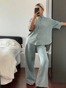 Livesso 女款棉質領口短袖鈕扣開襟淺藍色水洗牛仔上衣與裙子套裝 - 淺色水洗藍 - 查看 3