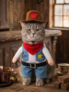 PETSIN 1 PC Halloween Pet Cowboy Costume Cosplay With A Hat, Cat And Small Dog In Two Pieces Clothing - Blue - View 2
