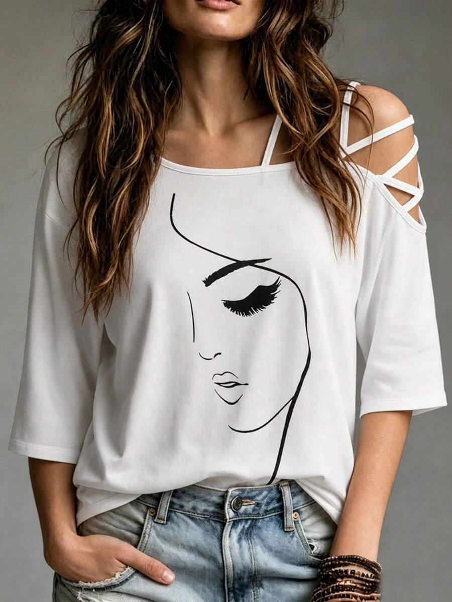 SHEIN 图形十字交叉不对称领口 T 恤图案 T 恤女式上衣 - 白色 - 查看 1