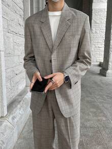 DAZY Spring/Autumn Grey Plaid Fabric Blazer With Semi-Elastic Waist Suit Pants Men's Suit Set - Multicolor - View 4
