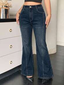 Dazy Plus Plus Size Washed Blue Distressed Button Pocket Flare Jeans Fall - Dark Wash - View 5