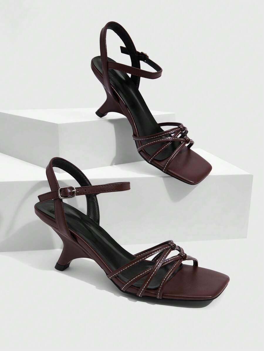 CUCCOO SZL Women's Spring/Summer Fashion Versatile New Square Toe Buckle Brown High Heel Sandals, Outdoor Vacation Casual Party Commute Wedge Sandals - Coffee Brown - View 1