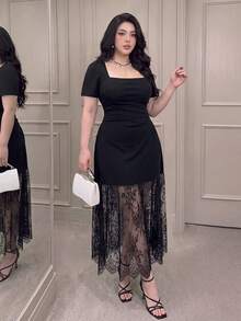 Vibekara Gaun Malam Formal Ukuran Plus Elegan dengan Leher Persegi dan Pinggang Berkerut serta Hiasan Renda Kontras - Hitam - View 3