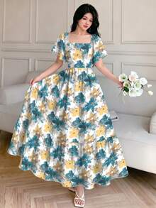 Modelyn 女款優雅度假風花卉印花抓皺方領洋裝 - 彩色 - 查看 3