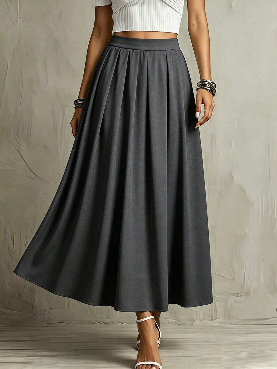 Franclia Women's Solid Color Elegant A-Line Pleated Skirt, Suitable For Commuting - Grey - View 1