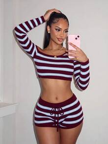 Amplova Women's Vintage Asymmetrical Neck Mini Super Short Knitted Striped Set For Home Party And Back To School - Blue - View 6