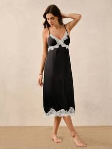 Hourtrue Vestido de satén con encaje de color contrastante, elegante y romántico para mujer de estilo francés maduro - Negro - Ver 5