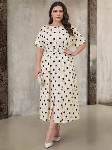 Modelyn Plus Size Women Black And White Pattern Round Neck Short Sleeve Pleated Design Elegant 70's Dress Tea Party Brunch Dinner Summer - Apricot - View 6