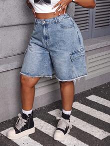 Slaydiva Plus Size Women's Casual Denim Shorts With Pockets, Buttons And Frayed Hem For Daily Wear Jorts Jean Shorts - Light Wash - View 6