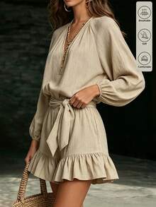 SHEIN Latest Women's Gentle Style Textured V-Neck Tie-Front Ruffle Dress, Crafted From Light Apricot Textured Fabric, V-Neck + Gathered Neckline With Lantern Sleeve Design, Waist Tie Bow Cinched Waist, Ruffle Hem Adds Lively Atmosphere, Suitable For Daily Dates, Light Vacations, Casual Commuting - Khaki - View 6
