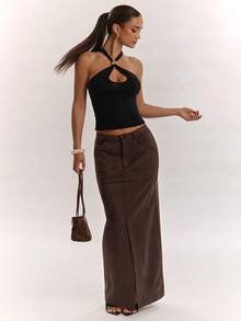 SHEIN BAE Autumn/Winter Commute Suede Low Waist Extra Long Skirt - Brown - View 4