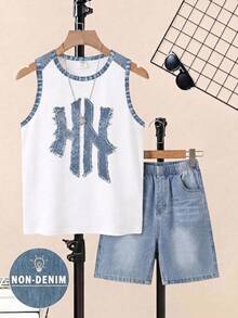 Teen Boy Casual Minimalist Sleeveless Round Neck Tank Top & Shorts 2-Piece Set, Suitable For Summer - Multicolor - View 3