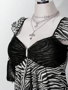 SHEIN ICON 女款大尺碼斑馬紋不對稱下擺荷葉袖上衣 - 彩色 - 查看 6